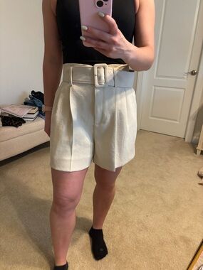 Sandro Cream High-Rise Belted Tailored Bermuda Shorts